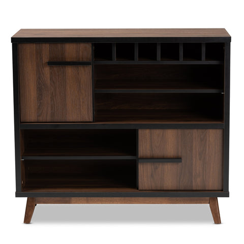 Image of BAXTON STUDIO MARGO MID-CENTURY MODERN TWO-TONE WALNUT BROWN AND BLACK FINISHED WOOD WINE STORAGE CABINET