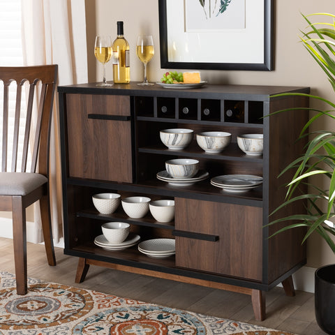 Image of BAXTON STUDIO MARGO MID-CENTURY MODERN TWO-TONE WALNUT BROWN AND BLACK FINISHED WOOD WINE STORAGE CABINET