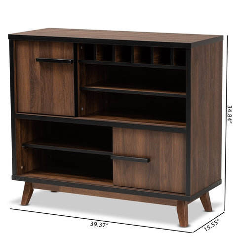 Image of BAXTON STUDIO MARGO MID-CENTURY MODERN TWO-TONE WALNUT BROWN AND BLACK FINISHED WOOD WINE STORAGE CABINET