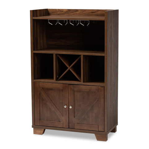 Image of BAXTON STUDIO CARRIE TRANSITIONAL FARMHOUSE WALNUT BROWN FINISHED WOOD WINE STORAGE CABINET