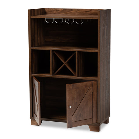 Image of BAXTON STUDIO CARRIE TRANSITIONAL FARMHOUSE WALNUT BROWN FINISHED WOOD WINE STORAGE CABINET
