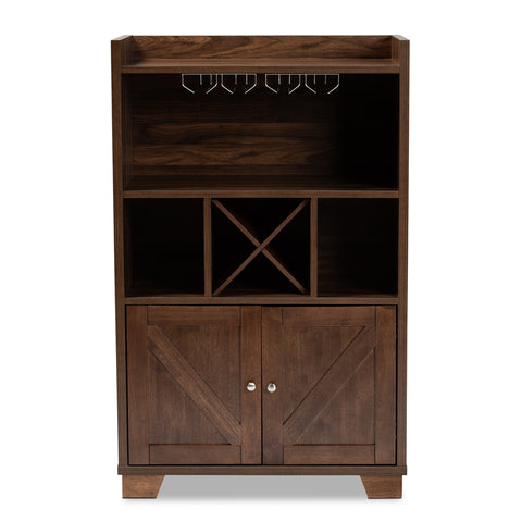Image of BAXTON STUDIO CARRIE TRANSITIONAL FARMHOUSE WALNUT BROWN FINISHED WOOD WINE STORAGE CABINET
