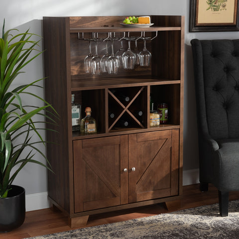 Image of BAXTON STUDIO CARRIE TRANSITIONAL FARMHOUSE WALNUT BROWN FINISHED WOOD WINE STORAGE CABINET
