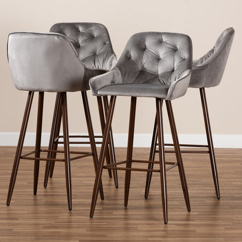 Image of BAXTON STUDIO CATHERINE MODERN AND CONTEMPORARY GREY VELVET FABRIC UPHOLSTERED AND WALNUT FINISHED 4-PIECE BAR STOOL SET