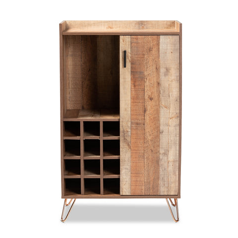Image of BAXTON STUDIO MATHIS MODERN AND CONTEMPORARY RUSTIC BROWN FINISHED WOOD AND ROSE GOLD FINISHED METAL WINE STORAGE CABINET