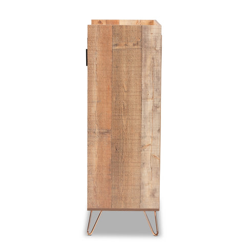 Image of BAXTON STUDIO MATHIS MODERN AND CONTEMPORARY RUSTIC BROWN FINISHED WOOD AND ROSE GOLD FINISHED METAL WINE STORAGE CABINET