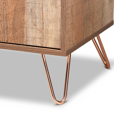 Image of BAXTON STUDIO MATHIS MODERN AND CONTEMPORARY RUSTIC BROWN FINISHED WOOD AND ROSE GOLD FINISHED METAL WINE STORAGE CABINET