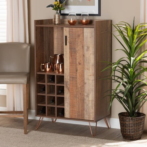 Image of BAXTON STUDIO MATHIS MODERN AND CONTEMPORARY RUSTIC BROWN FINISHED WOOD AND ROSE GOLD FINISHED METAL WINE STORAGE CABINET