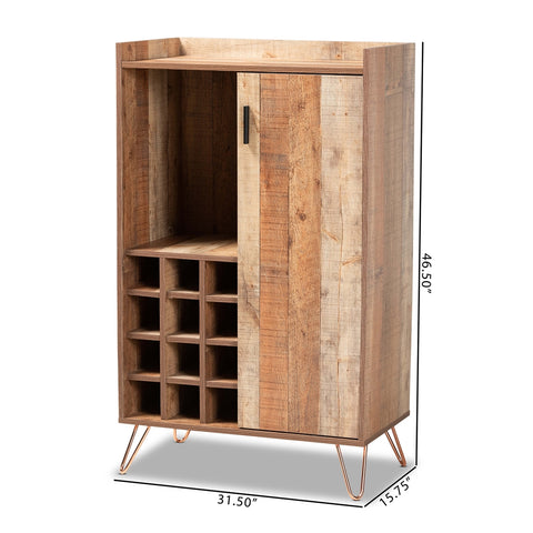 Image of BAXTON STUDIO MATHIS MODERN AND CONTEMPORARY RUSTIC BROWN FINISHED WOOD AND ROSE GOLD FINISHED METAL WINE STORAGE CABINET