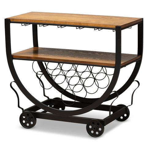 Image of BAXTON STUDIO TRIESTA ANTIQUED VINTAGE INDUSTRIAL METAL AND WOOD WHEELED WINE RACK CART