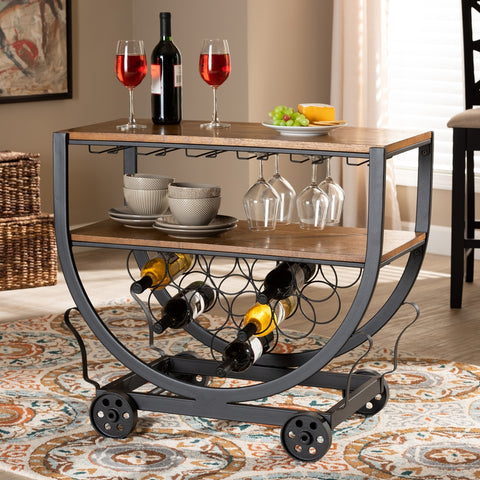 Image of BAXTON STUDIO TRIESTA ANTIQUED VINTAGE INDUSTRIAL METAL AND WOOD WHEELED WINE RACK CART