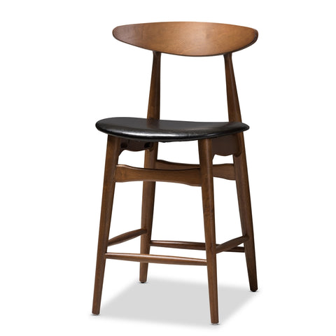 Image of BAXTON STUDIO FLORA MID-CENTURY MODERN BLACK FAUX-LEATHER UPHOLSTERED WALNUT FINISHED 5-PIECE PUB SET