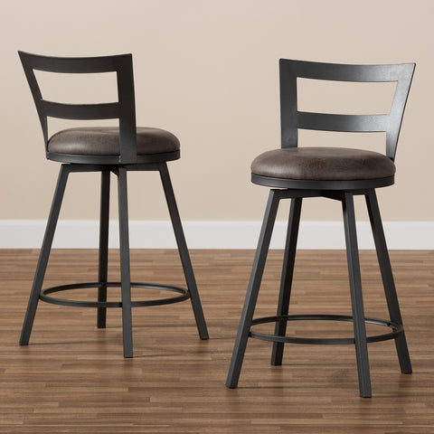 Image of BAXTON STUDIO ARJEAN RUSTIC AND INDUSTRIAL GREY FAUX LEATHER UPHOLSTERED PUB STOOL SET OF 2