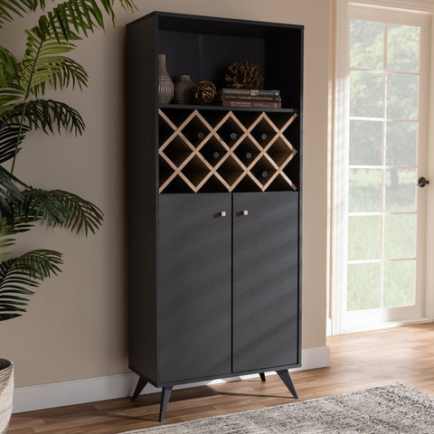 Image of BAXTON STUDIO SERAFINO MID-CENTURY MODERN DARK GREY AND OAK FINISHED WOOD WINE CABINET