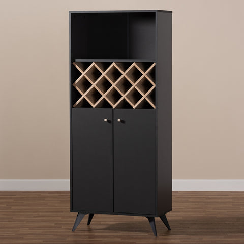Image of BAXTON STUDIO SERAFINO MID-CENTURY MODERN DARK GREY AND OAK FINISHED WOOD WINE CABINET