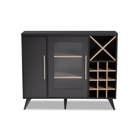 Image of BAXTON STUDIO PIETRO MID-CENTURY MODERN DARK GREY AND OAK FINISHED WINE CABINET
