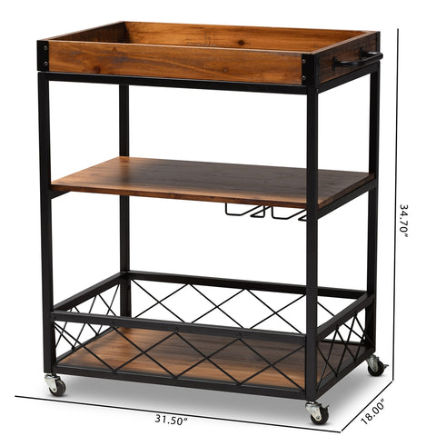 Image of BAXTON STUDIO CAPRI VINTAGE RUSTIC INDUSTRIAL OAK BROWN AND BLACK FINISHED MOBILE METAL BAR CART WITH STEMWARE RACK