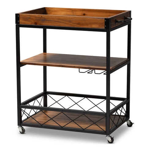 Image of BAXTON STUDIO CAPRI VINTAGE RUSTIC INDUSTRIAL OAK BROWN AND BLACK FINISHED MOBILE METAL BAR CART WITH STEMWARE RACK