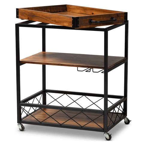 Image of BAXTON STUDIO CAPRI VINTAGE RUSTIC INDUSTRIAL OAK BROWN AND BLACK FINISHED MOBILE METAL BAR CART WITH STEMWARE RACK