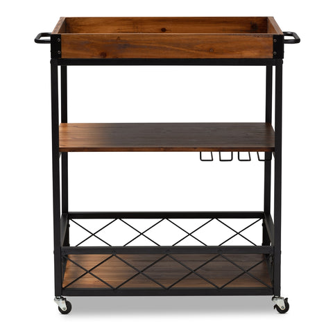 Image of BAXTON STUDIO CAPRI VINTAGE RUSTIC INDUSTRIAL OAK BROWN AND BLACK FINISHED MOBILE METAL BAR CART WITH STEMWARE RACK