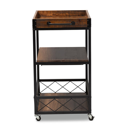 Image of BAXTON STUDIO CAPRI VINTAGE RUSTIC INDUSTRIAL OAK BROWN AND BLACK FINISHED MOBILE METAL BAR CART WITH STEMWARE RACK