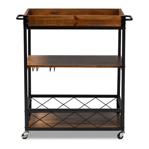 Image of BAXTON STUDIO CAPRI VINTAGE RUSTIC INDUSTRIAL OAK BROWN AND BLACK FINISHED MOBILE METAL BAR CART WITH STEMWARE RACK