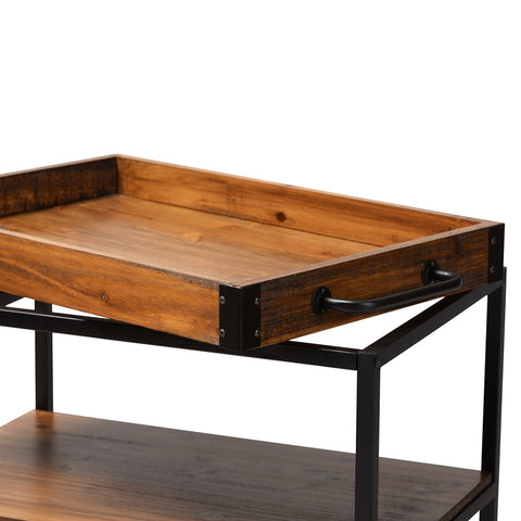 Image of BAXTON STUDIO CAPRI VINTAGE RUSTIC INDUSTRIAL OAK BROWN AND BLACK FINISHED MOBILE METAL BAR CART WITH STEMWARE RACK