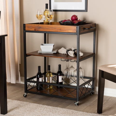 Image of BAXTON STUDIO CAPRI VINTAGE RUSTIC INDUSTRIAL OAK BROWN AND BLACK FINISHED MOBILE METAL BAR CART WITH STEMWARE RACK