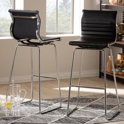Image of BAXTON STUDIO GIORGIO MODERN AND CONTEMPORARY BLACK FAUX LEATHER UPHOLSTERED CHROME-FINISHED STEEL COUNTER STOOLS SET OF 2