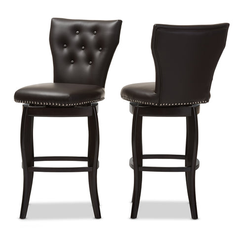 Image of BAXTON STUDIO LEONICE MODERN AND CONTEMPORARY DARK BROWN FAUX LEATHER UPHOLSTERED BUTTON-TUFTED 29-INCH SWIVEL BAR STOOL