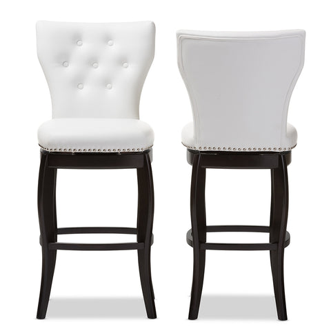 Image of BAXTON STUDIO LEONICE MODERN AND CONTEMPORARY WHITE FAUX LEATHER UPHOLSTERED BUTTON-TUFTED 29-INCH SWIVEL BAR STOOL