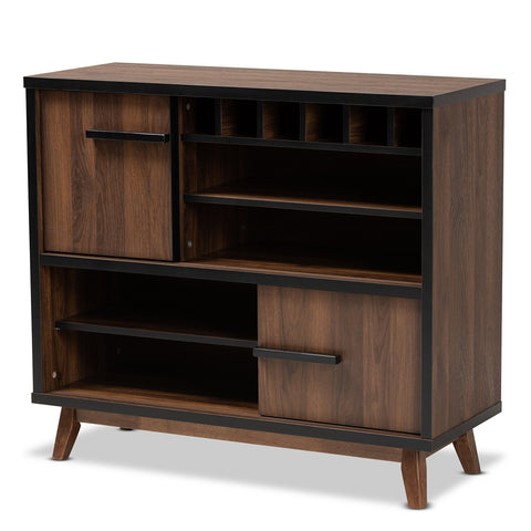 Image of BAXTON STUDIO MARGO MID-CENTURY MODERN TWO-TONE WALNUT BROWN AND BLACK FINISHED WOOD WINE STORAGE CABINET