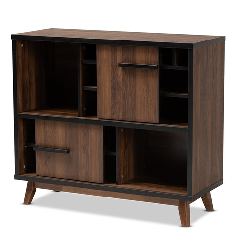 Image of BAXTON STUDIO MARGO MID-CENTURY MODERN TWO-TONE WALNUT BROWN AND BLACK FINISHED WOOD WINE STORAGE CABINET