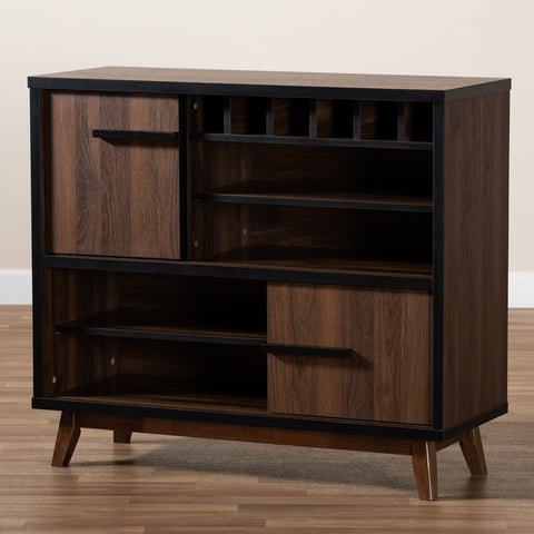 Image of BAXTON STUDIO MARGO MID-CENTURY MODERN TWO-TONE WALNUT BROWN AND BLACK FINISHED WOOD WINE STORAGE CABINET