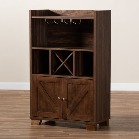 Image of BAXTON STUDIO CARRIE TRANSITIONAL FARMHOUSE WALNUT BROWN FINISHED WOOD WINE STORAGE CABINET