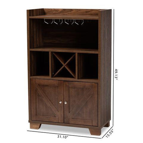 Image of BAXTON STUDIO CARRIE TRANSITIONAL FARMHOUSE WALNUT BROWN FINISHED WOOD WINE STORAGE CABINET