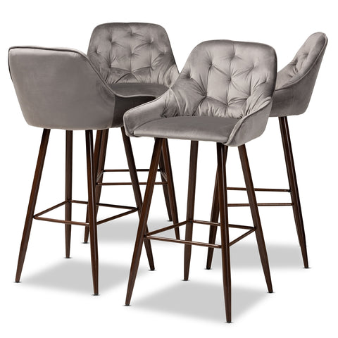 Image of BAXTON STUDIO CATHERINE MODERN AND CONTEMPORARY GREY VELVET FABRIC UPHOLSTERED AND WALNUT FINISHED 4-PIECE BAR STOOL SET