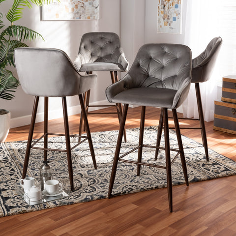 BAXTON STUDIO CATHERINE MODERN AND CONTEMPORARY GREY VELVET FABRIC UPHOLSTERED AND WALNUT FINISHED 4-PIECE BAR STOOL SET