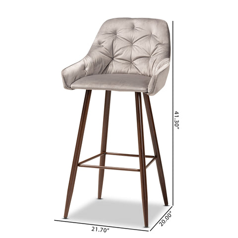 BAXTON STUDIO CATHERINE MODERN AND CONTEMPORARY GREY VELVET FABRIC UPHOLSTERED AND WALNUT FINISHED 4-PIECE BAR STOOL SET