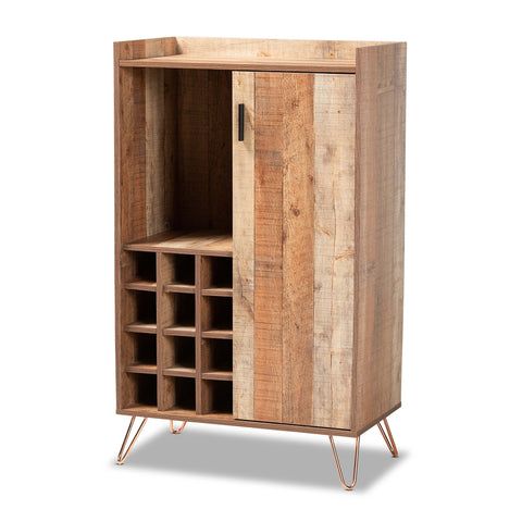 Image of BAXTON STUDIO MATHIS MODERN AND CONTEMPORARY RUSTIC BROWN FINISHED WOOD AND ROSE GOLD FINISHED METAL WINE STORAGE CABINET