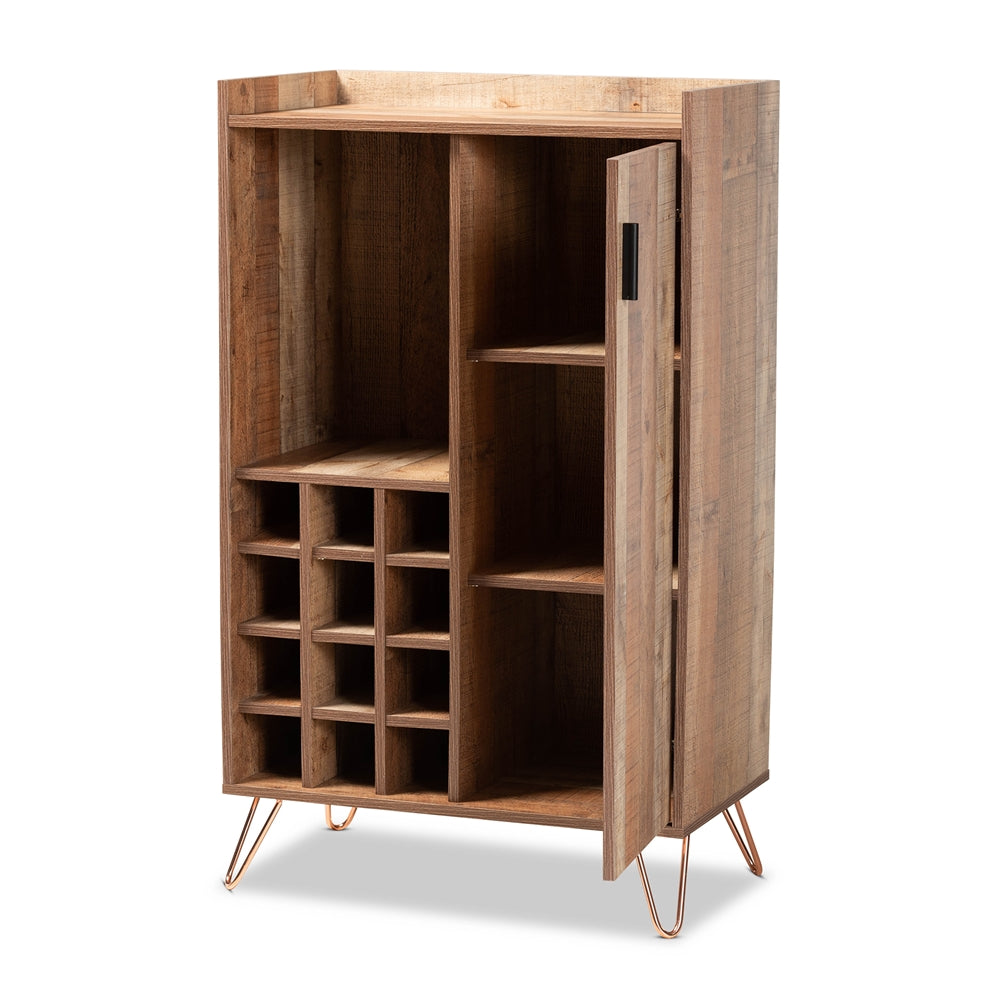BAXTON STUDIO MATHIS MODERN AND CONTEMPORARY RUSTIC BROWN FINISHED WOOD AND ROSE GOLD FINISHED METAL WINE STORAGE CABINET