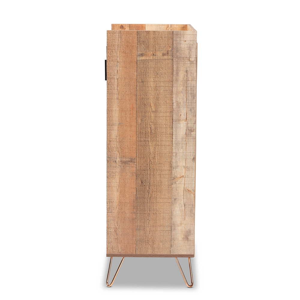 BAXTON STUDIO MATHIS MODERN AND CONTEMPORARY RUSTIC BROWN FINISHED WOOD AND ROSE GOLD FINISHED METAL WINE STORAGE CABINET