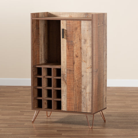 Image of BAXTON STUDIO MATHIS MODERN AND CONTEMPORARY RUSTIC BROWN FINISHED WOOD AND ROSE GOLD FINISHED METAL WINE STORAGE CABINET