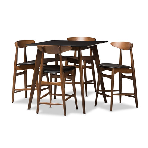 Image of BAXTON STUDIO FLORA MID-CENTURY MODERN BLACK FAUX-LEATHER UPHOLSTERED WALNUT FINISHED 5-PIECE PUB SET