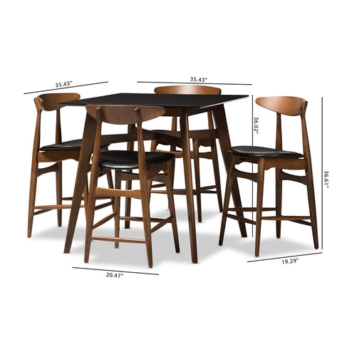 Image of BAXTON STUDIO FLORA MID-CENTURY MODERN BLACK FAUX-LEATHER UPHOLSTERED WALNUT FINISHED 5-PIECE PUB SET