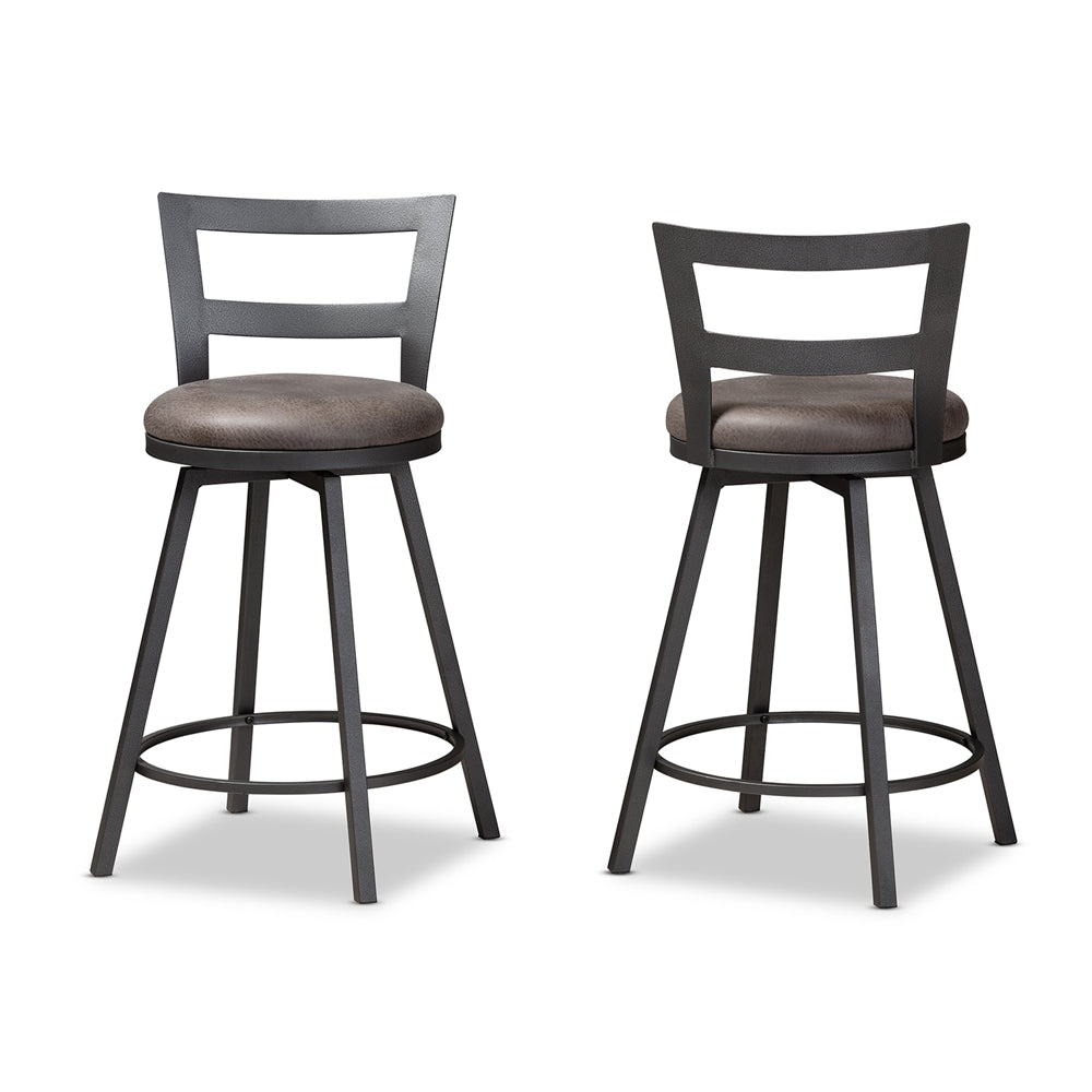 BAXTON STUDIO ARJEAN RUSTIC AND INDUSTRIAL GREY FAUX LEATHER UPHOLSTERED PUB STOOL SET OF 2
