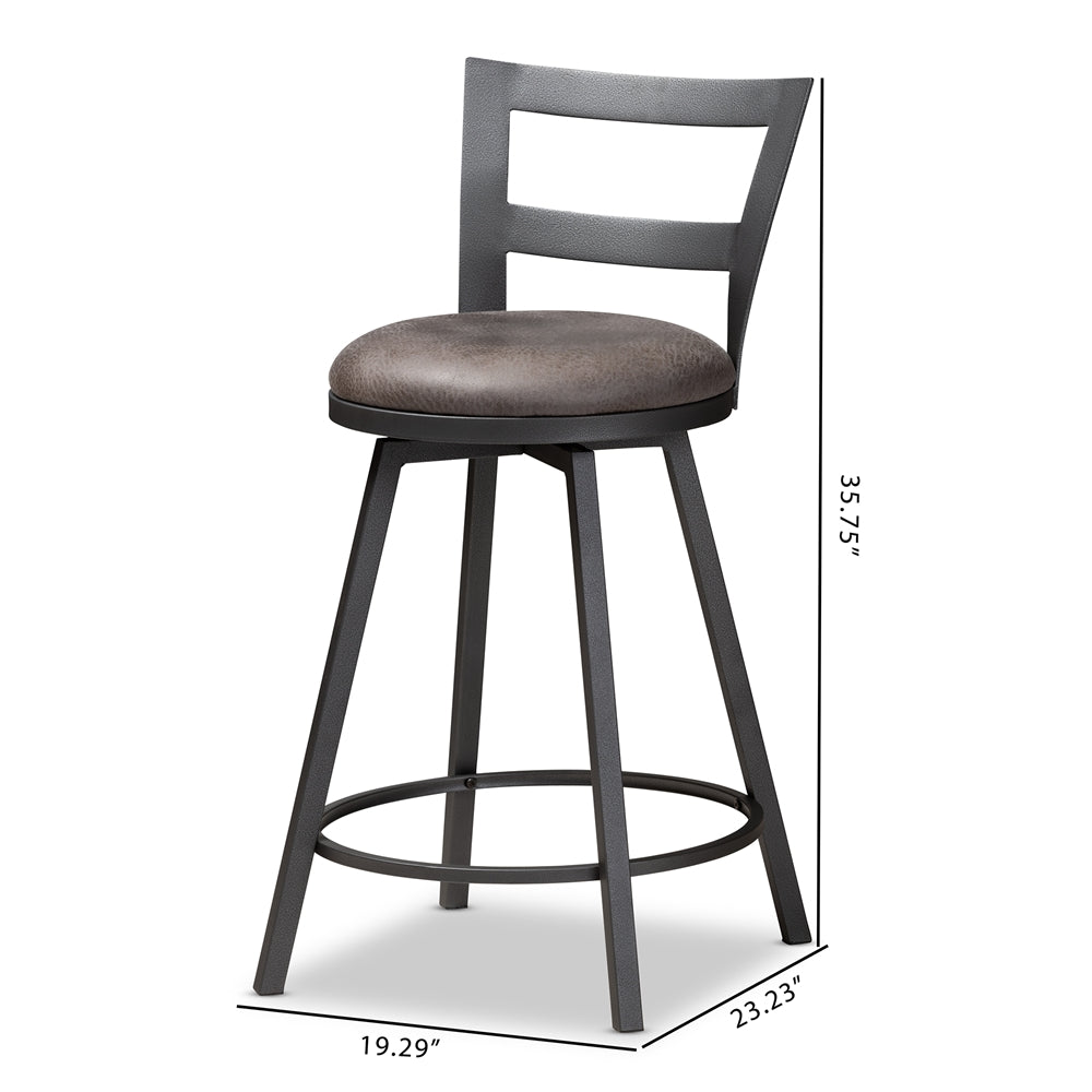 BAXTON STUDIO ARJEAN RUSTIC AND INDUSTRIAL GREY FAUX LEATHER UPHOLSTERED PUB STOOL SET OF 2