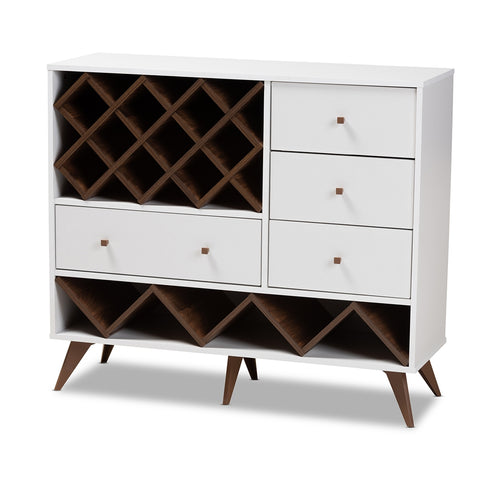 Image of BAXTON STUDIO SAVINO MID-CENTURY MODERN WHITE AND WALNUT FINISHED WOOD WINE CABINET