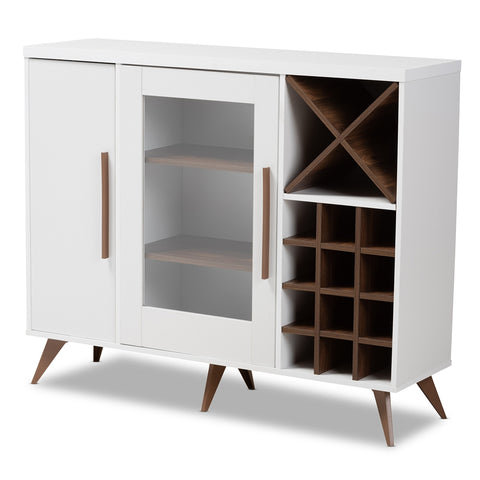 Image of BAXTON STUDIO PIETRO MID-CENTURY MODERN WHITE AND BROWN FINISHED WINE CABINET