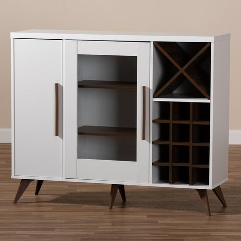 Image of BAXTON STUDIO PIETRO MID-CENTURY MODERN WHITE AND BROWN FINISHED WINE CABINET